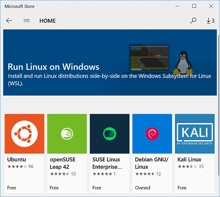 Picture of Ubuntu, openSUSE, SLES, Debian and Kali in the Microsoft Store