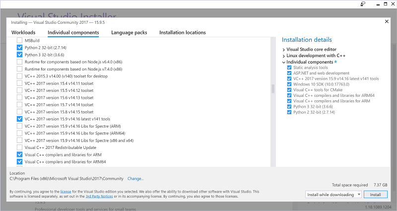 Screenshot of VS2017 installer component selection.